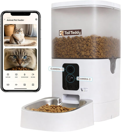 Tailteddy Automatic Cat Feeder with Dual Camera & AI Detection (6L), Smart Pet Feeder with Wifi App & Two-Way Audio, Timed Cat Feeder up to 6 Meals/Day, Stainless Steel Bowl & Battery Backup
