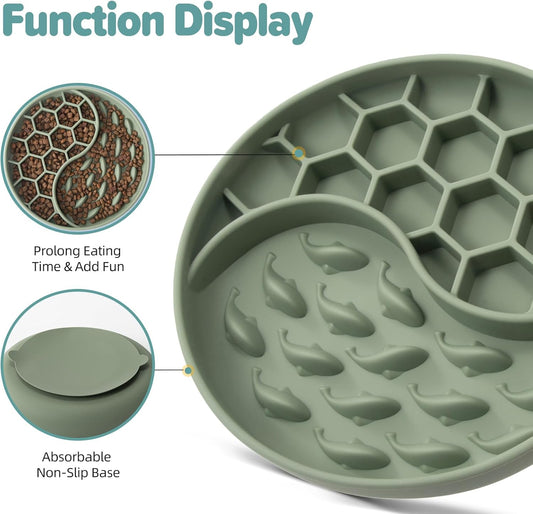 Slow Feeder Dog Bowl, Pet Puzzle Dish W/Suction Cup, Small Medium | anti Choking, Interactive, 2-Cup, Silicone, Non-Slip, Dishwasher & Microwave Safe, for Fast Eaters, Dogs & Cats (Green)