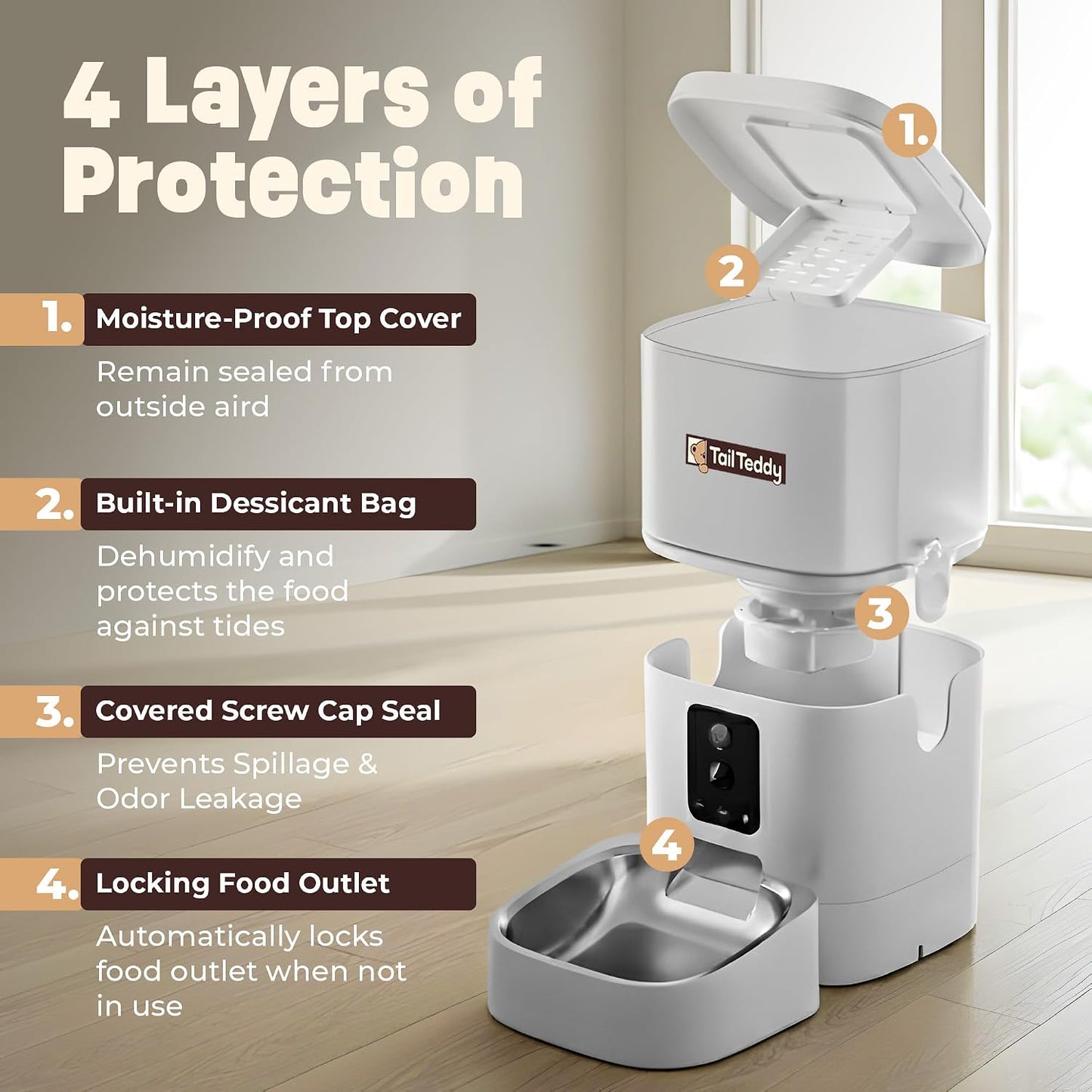 Tailteddy Automatic Cat Feeder with Dual Camera & AI Detection (6L), Smart Pet Feeder with Wifi App & Two-Way Audio, Timed Cat Feeder up to 6 Meals/Day, Stainless Steel Bowl & Battery Backup