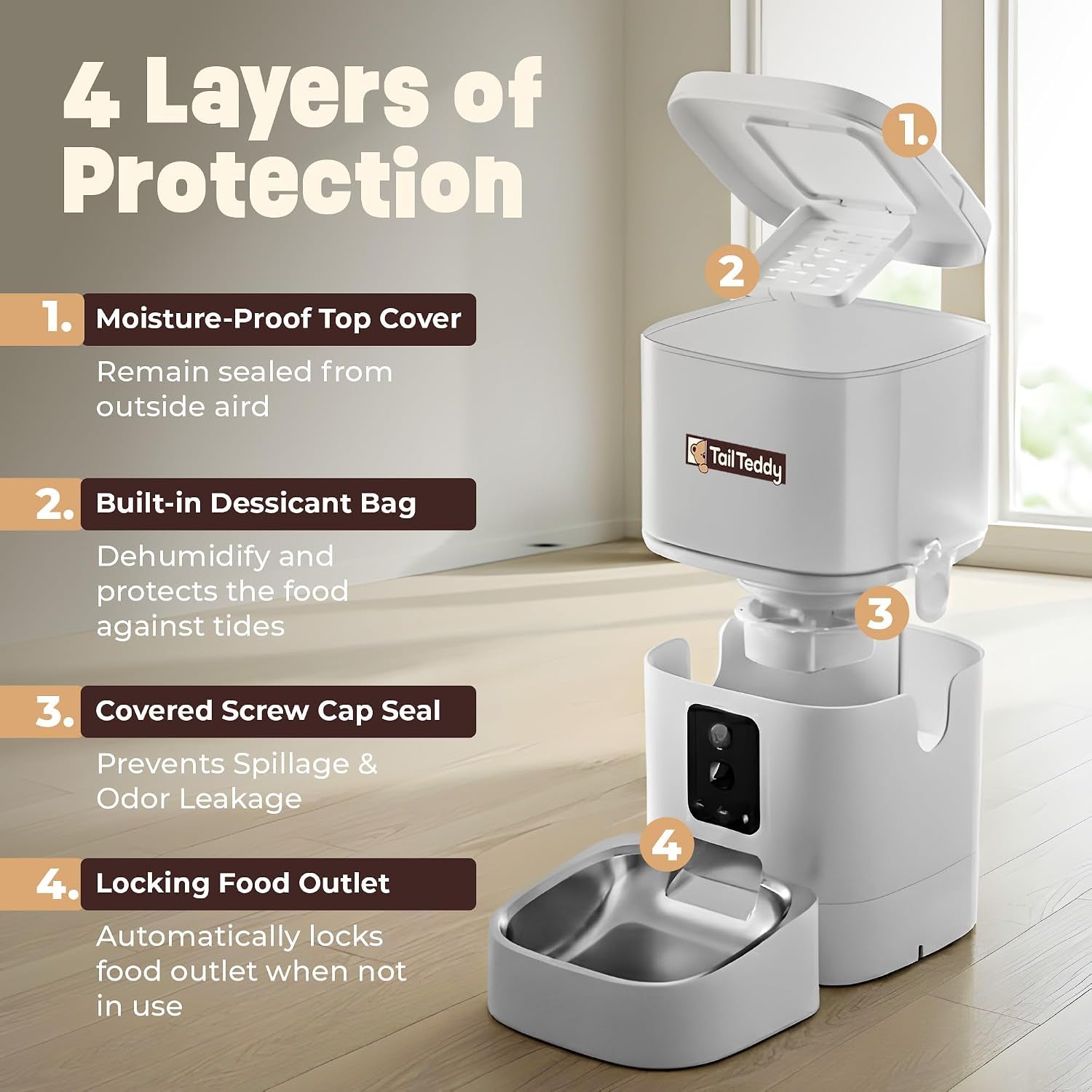 Tailteddy Automatic Cat Feeder with Dual Camera & AI Detection (6L), Smart Pet Feeder with Wifi App & Two-Way Audio, Timed Cat Feeder up to 6 Meals/Day, Stainless Steel Bowl & Battery Backup